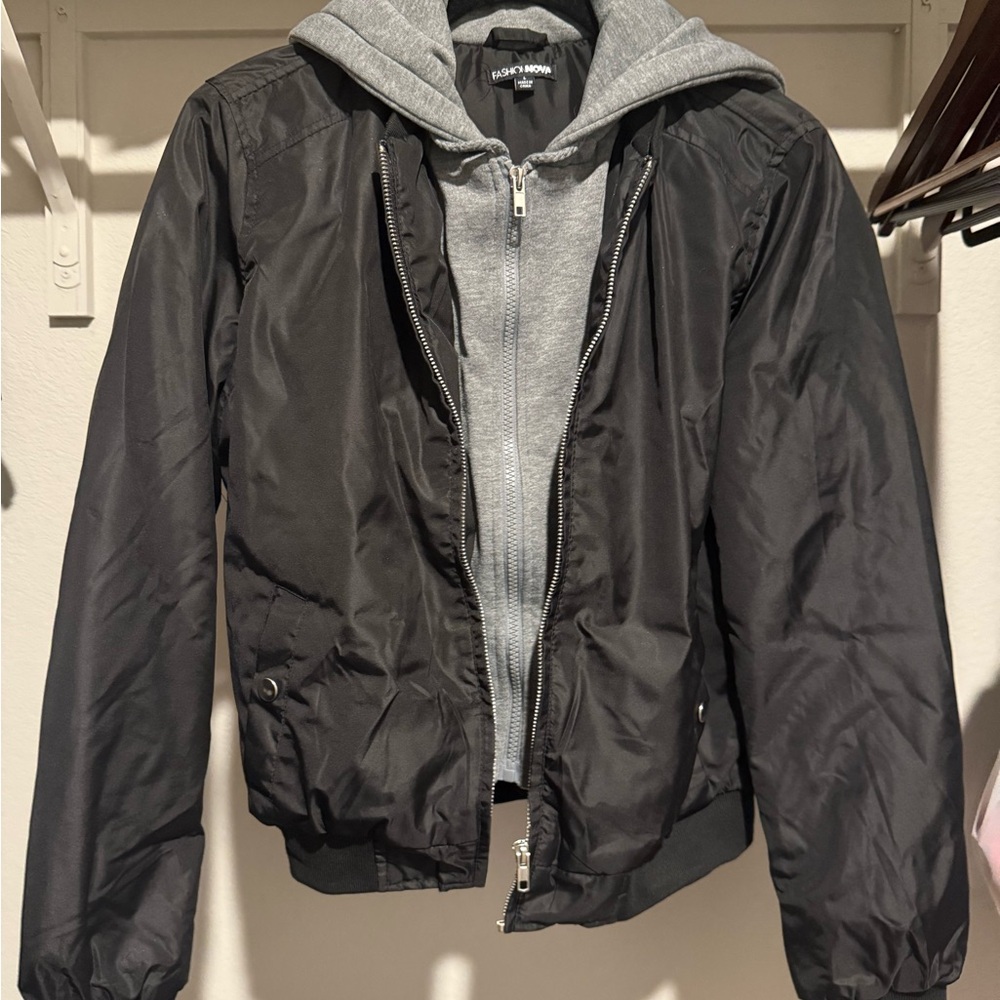 Fashion Nova Black Bomber Jacket with Gray Hoodie